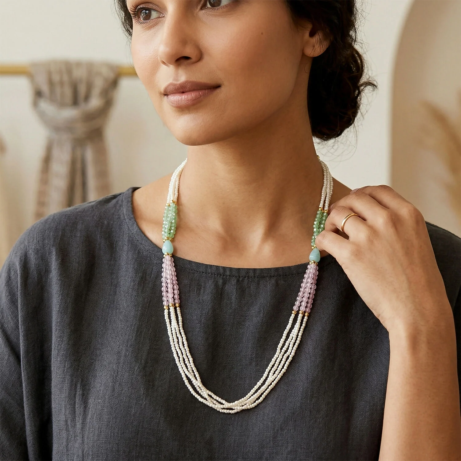 Layered Pearl Mala Handmade Necklace with Pastel Green Pink Beads Elegant Wear - Image 2