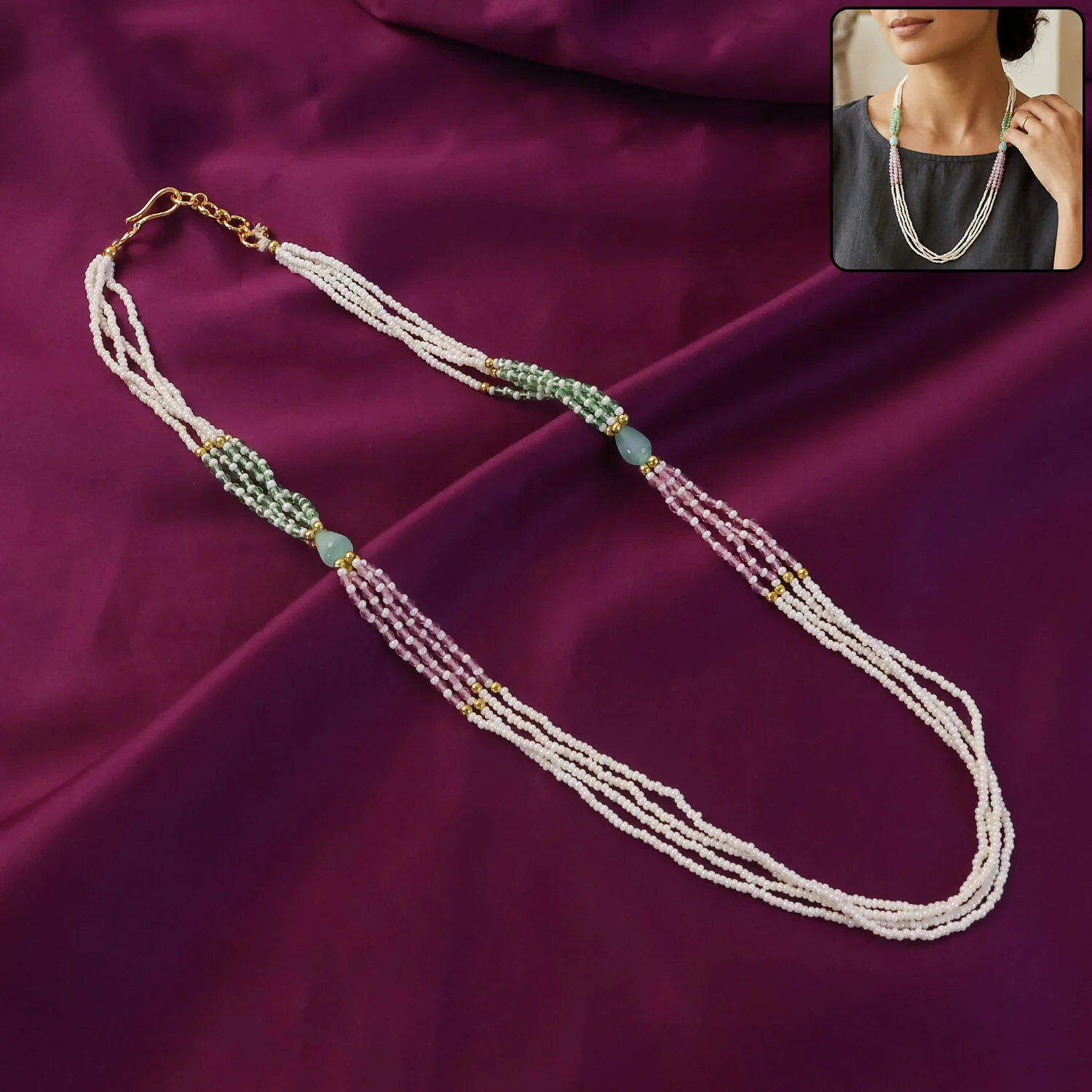 Layered Pearl Mala Handmade Necklace with Pastel Green Pink Beads Elegant Wear - Image 3