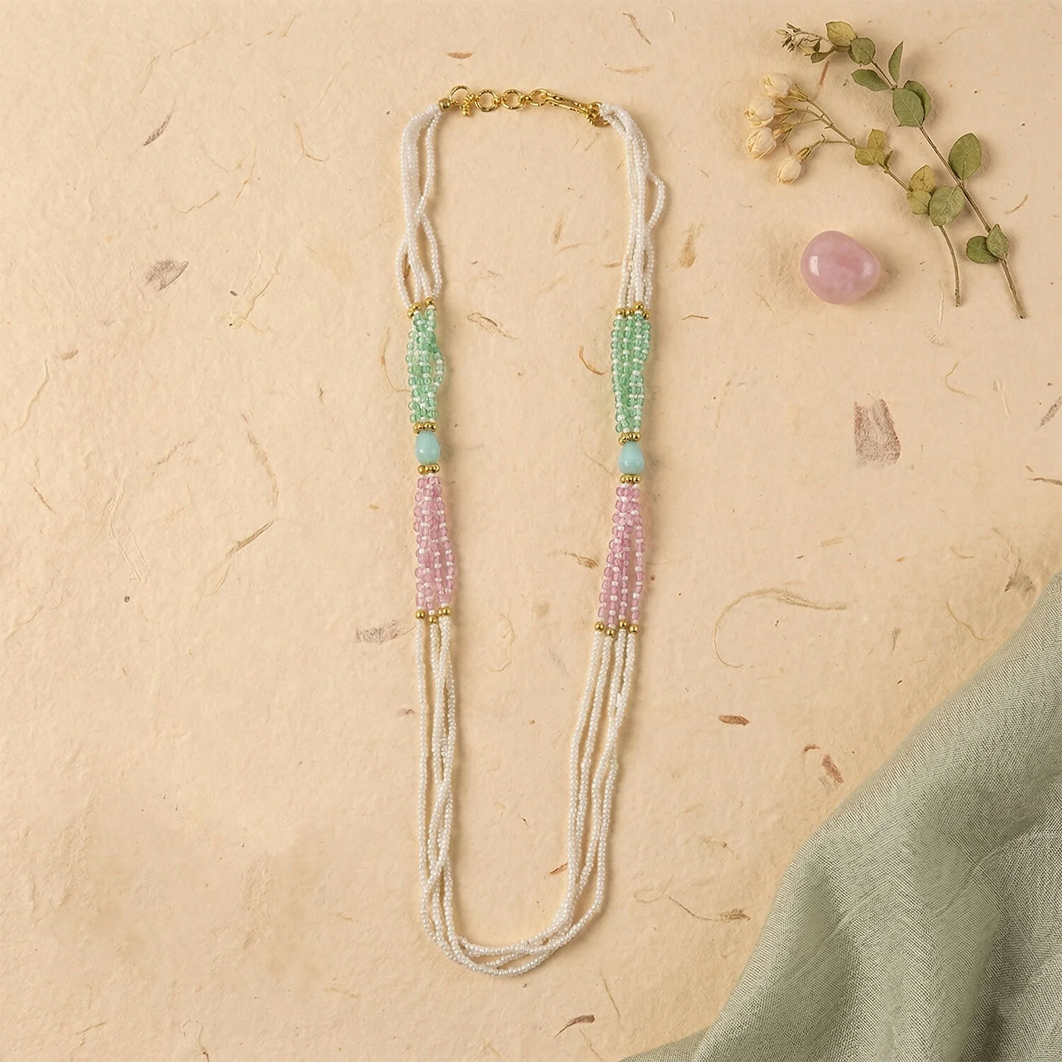 Layered Pearl Mala Handmade Necklace with Pastel Green Pink Beads Elegant Wear - Image 4