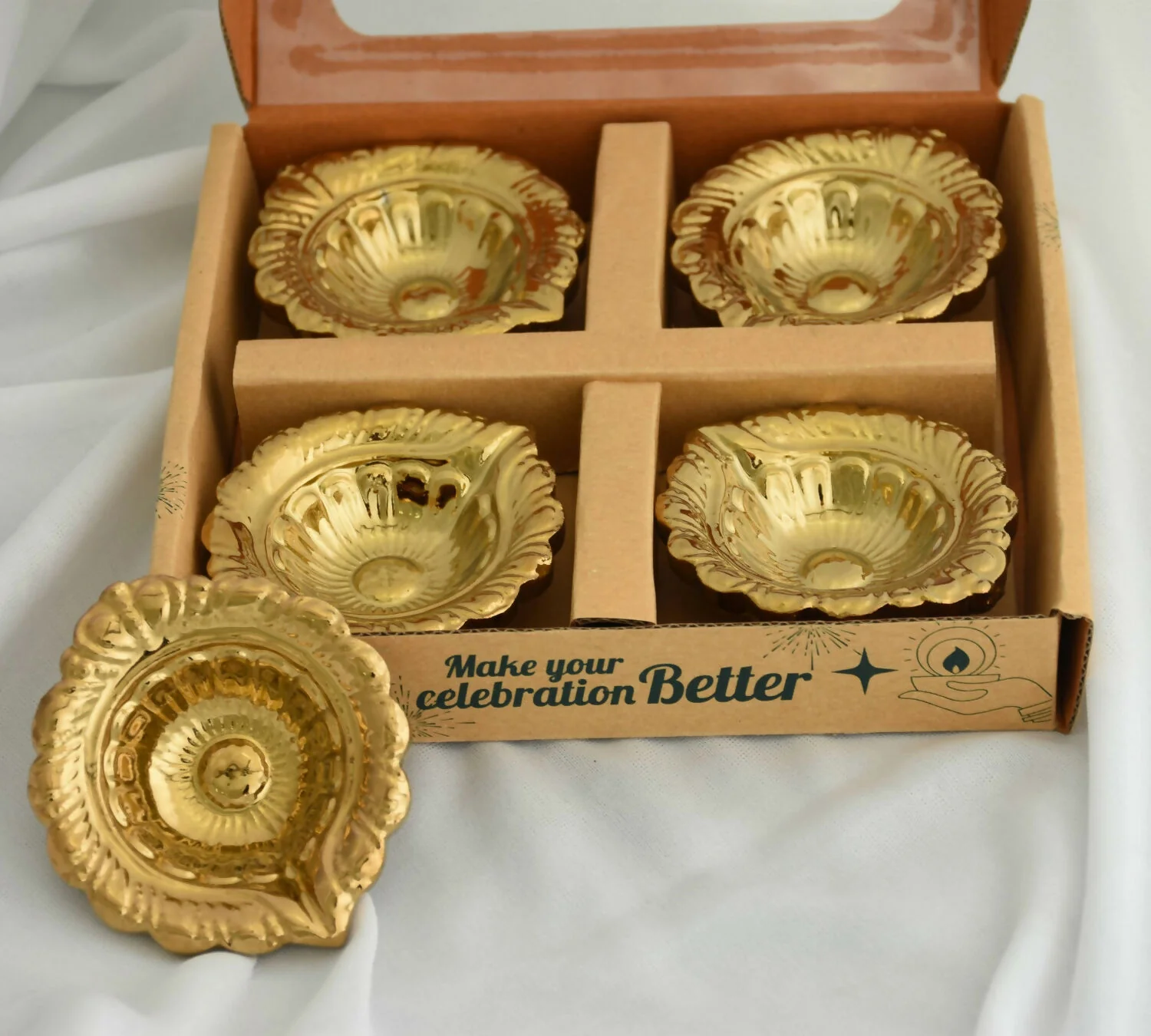 Leaf Design Decorative Ceramic Diya with Gold PVD Plating & Textured Metallic Finish (4 Pc) - Image 5