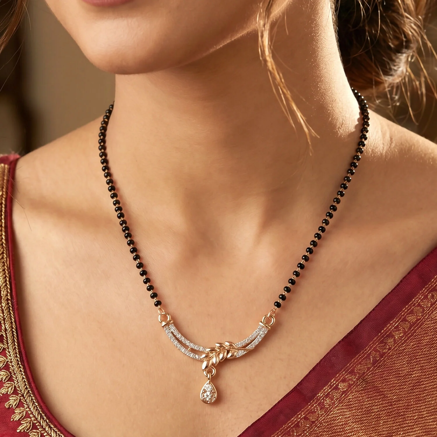Leaf Design Mangalsutra Necklace with Teardrop Pendant 1 Pc - Image 3