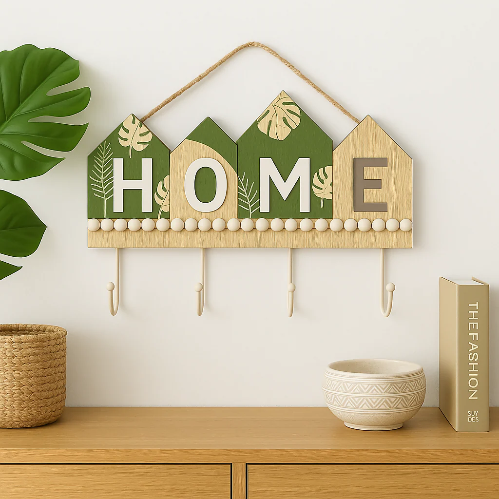 Wooden HOME Key Holder with 4 Hooks – Rustic Entryway Decor - Image 3