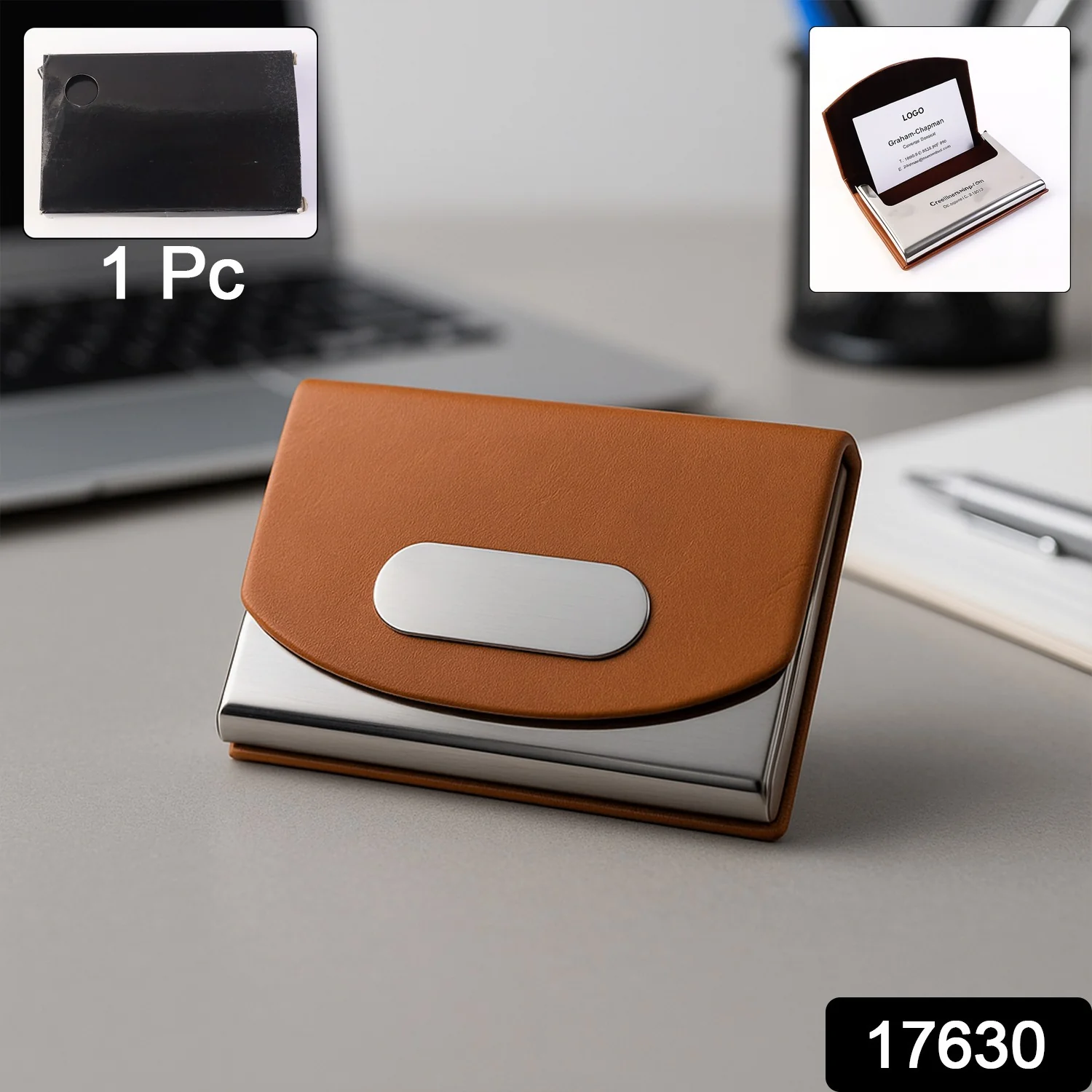 Leather & Stainless-Steel Business Card Holder (1 Pc) - Image 2