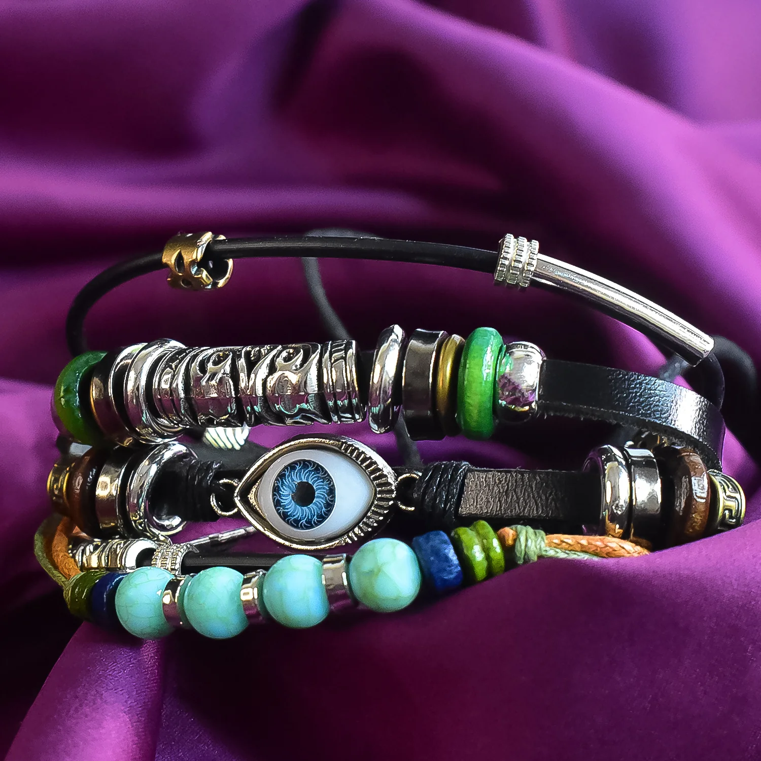 Leather Vintage Biker Multi-Strand Wrist Band with Cotton Thread & Wood Strap - Image 2