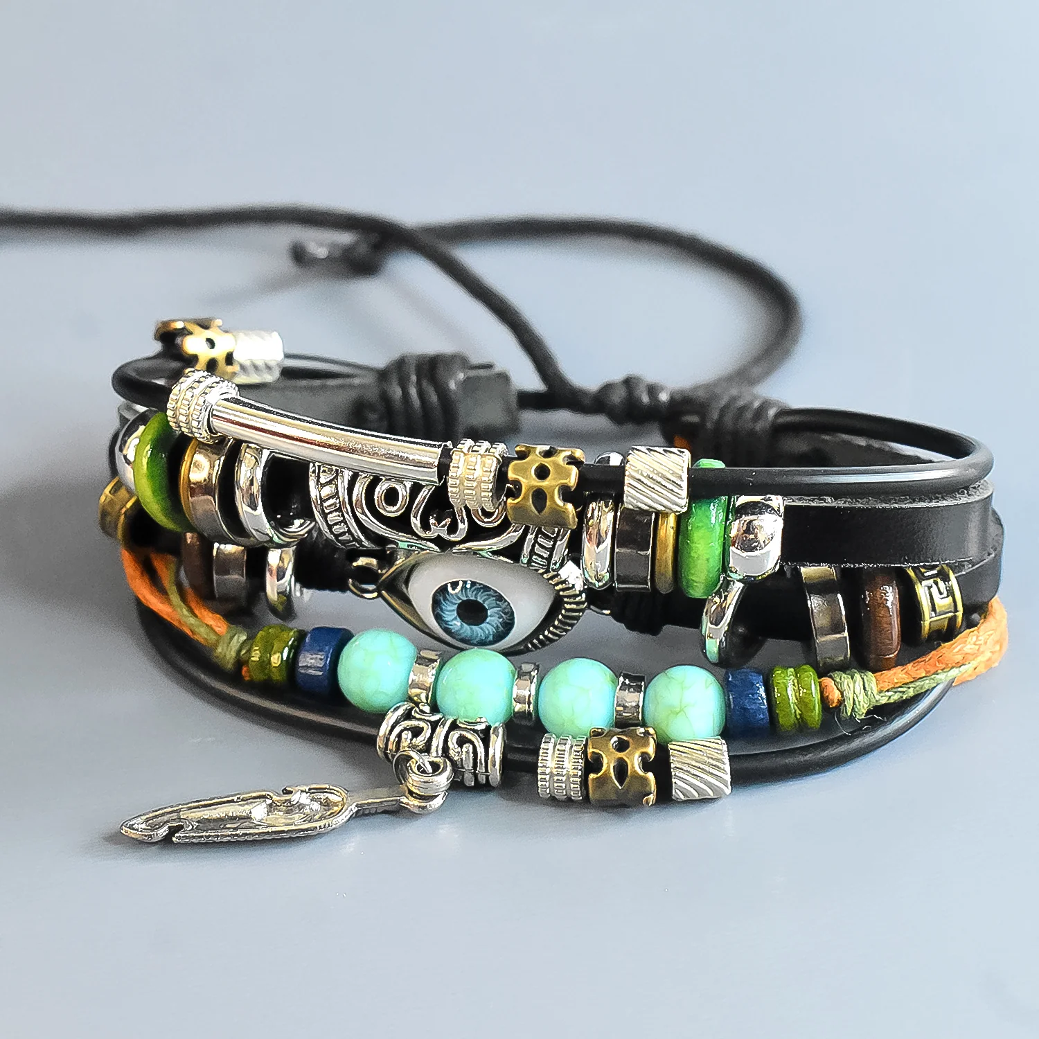 Leather Vintage Biker Multi-Strand Wrist Band with Cotton Thread & Wood Strap - Image 3