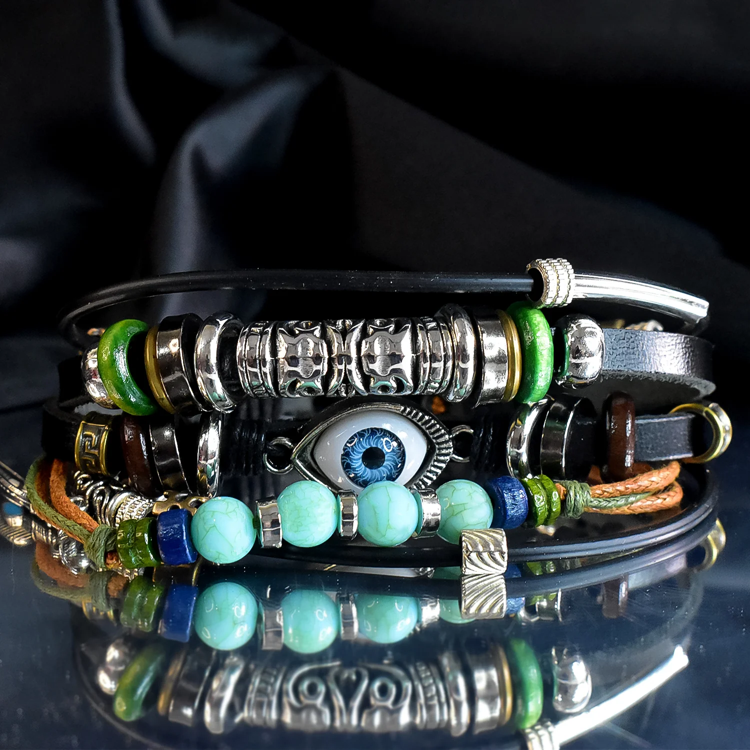 Leather Vintage Biker Multi-Strand Wrist Band with Cotton Thread & Wood Strap - Image 4