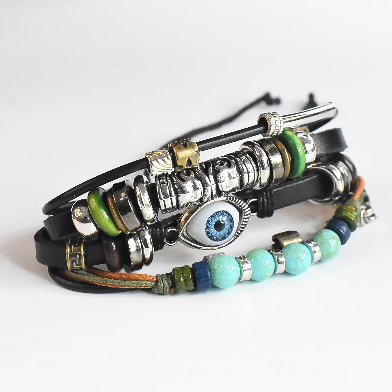 Leather Vintage Biker Multi-Strand Wrist Band with Cotton Thread & Wood Strap - Image 5