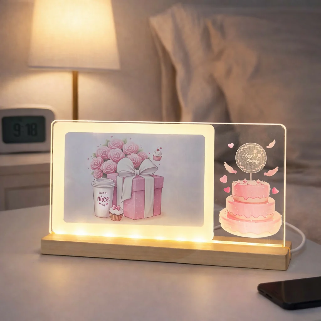 LED Birthday Gift Photo Frame Lamp with Wooden Base Decor - Image 2