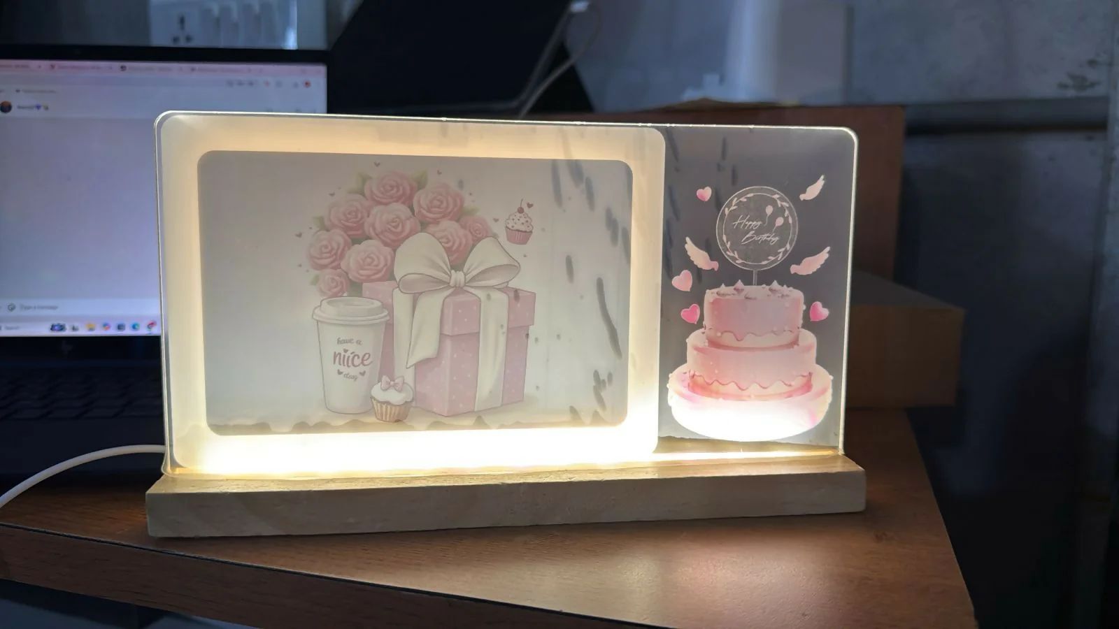 LED Birthday Gift Photo Frame Lamp with Wooden Base Decor - Image 4