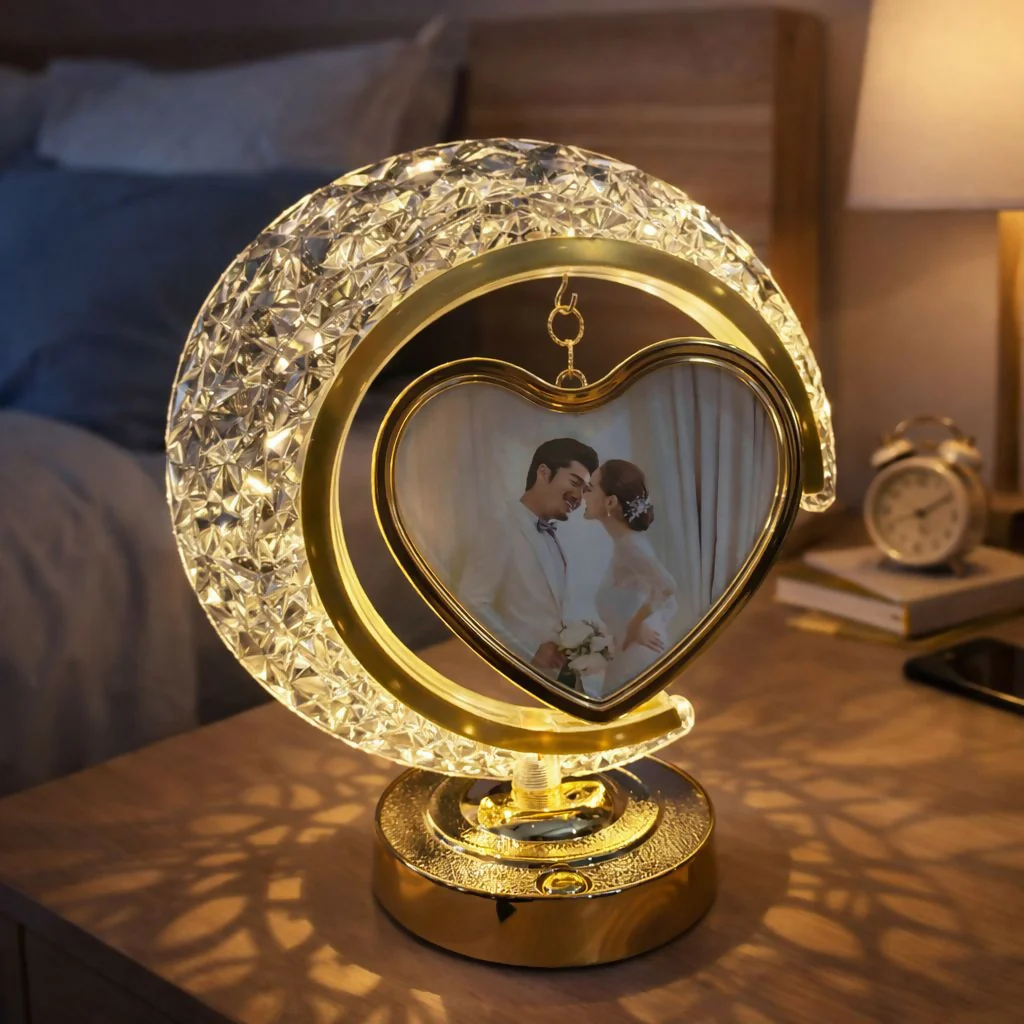 LED Crystal Heart Photo Frame Lamp with Decorative Base | Table Night Light - Image 2