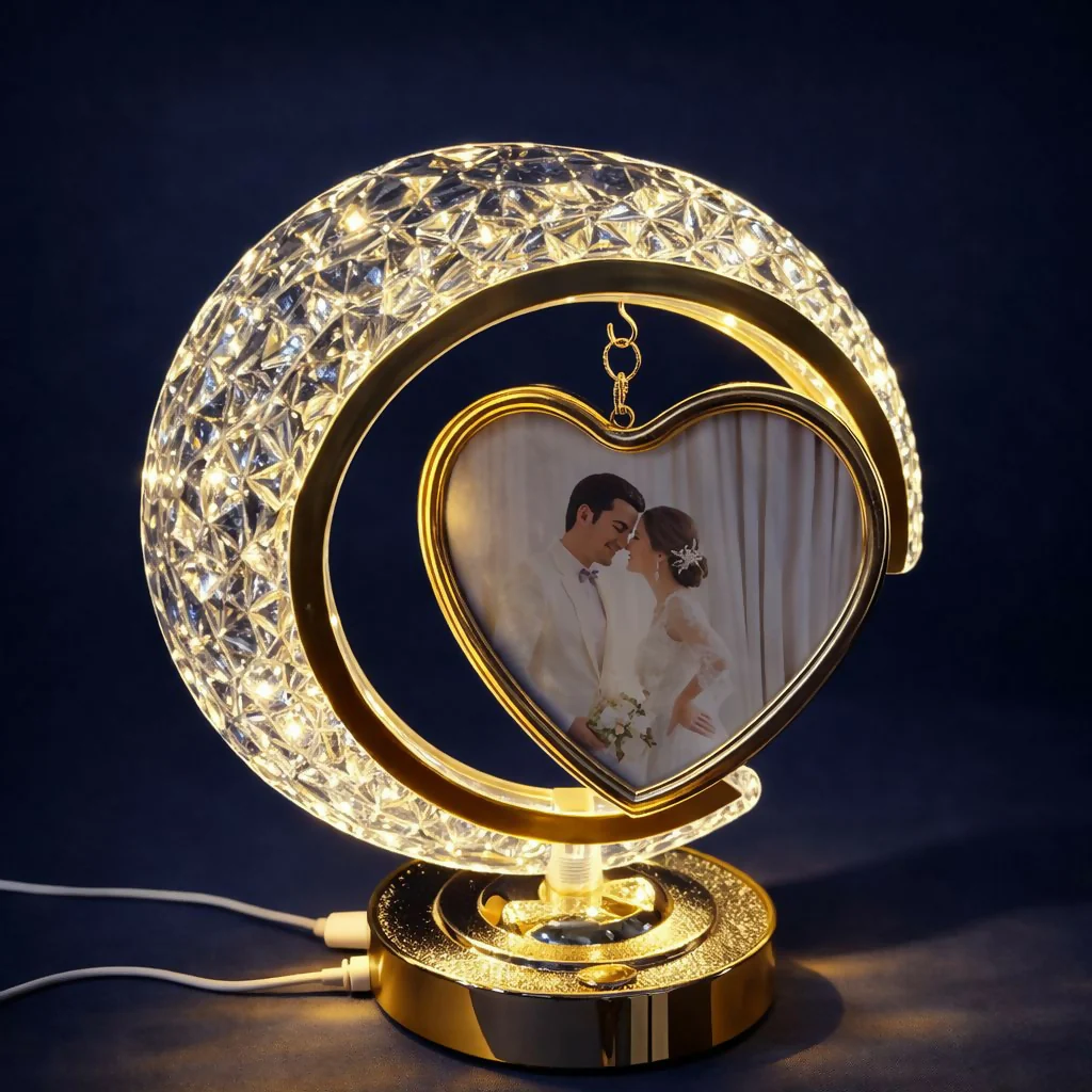 LED Crystal Heart Photo Frame Lamp with Decorative Base | Table Night Light - Image 3