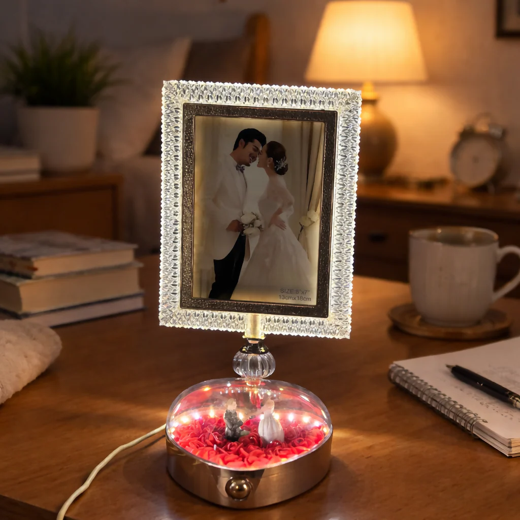 LED Crystal Photo Frame Lamp with Couple Figurine Base Decor - Image 2