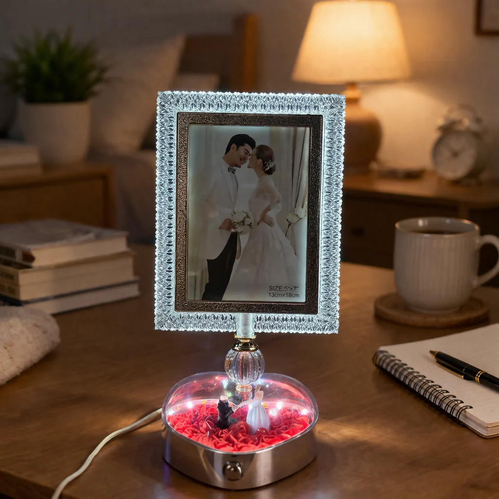 LED Crystal Photo Frame Lamp with Couple Figurine Base Decor - Image 3
