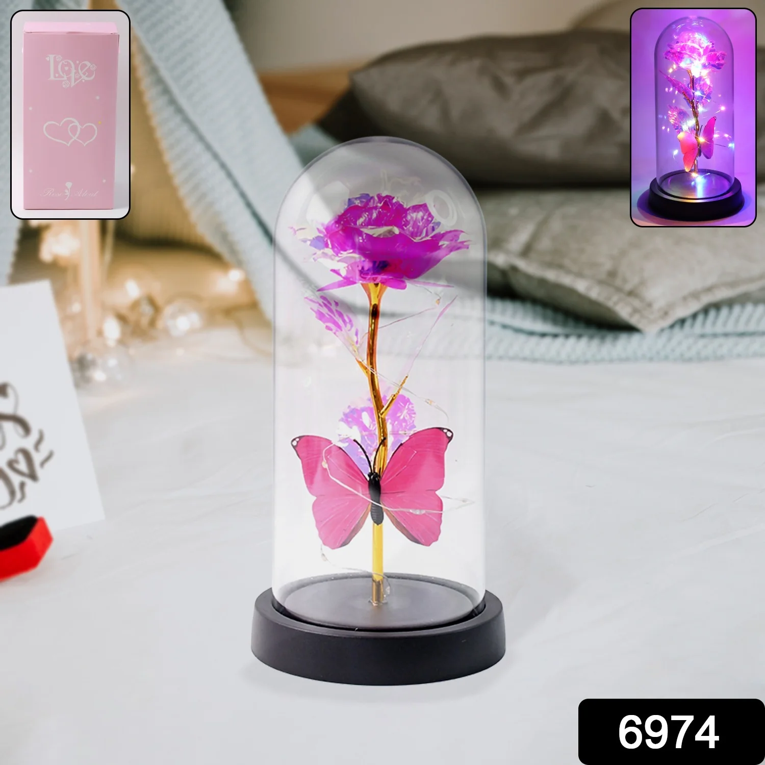 LED Decorative Rose with Butterfly in Transparent Plastic Dome (1 Pc) - Image 2