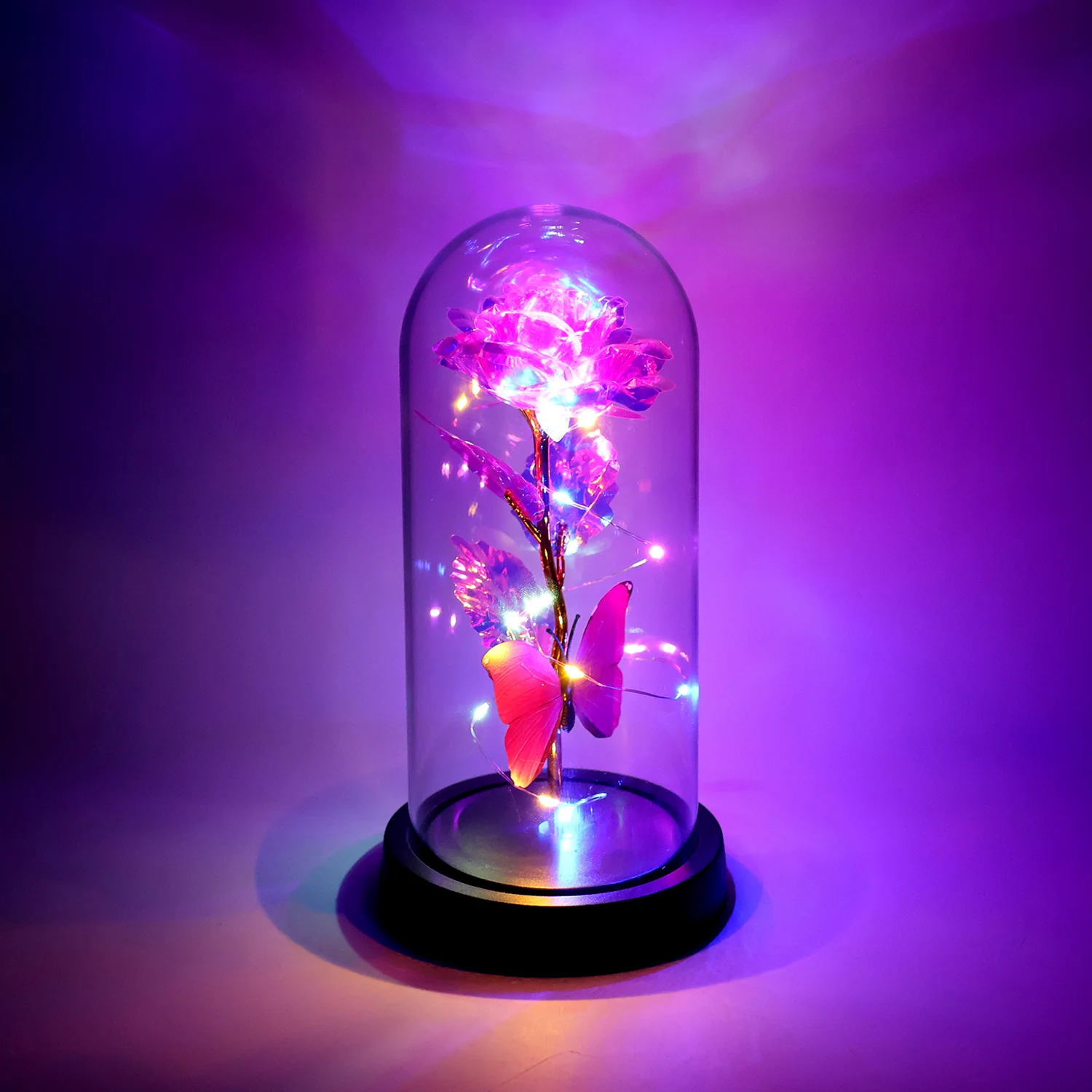 LED Decorative Rose with Butterfly in Transparent Plastic Dome (1 Pc) - Image 4