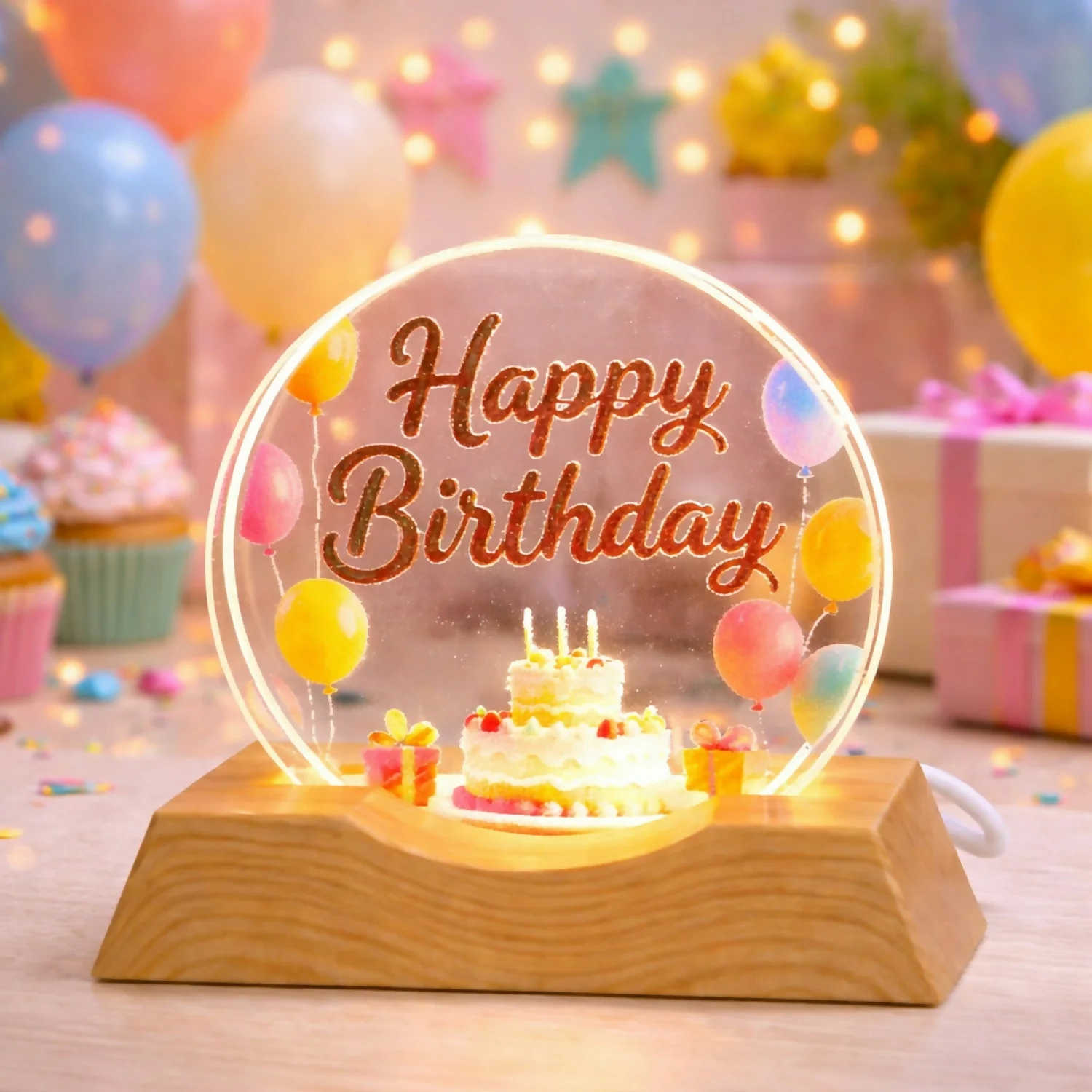 LED Happy Birthday Acrylic Night Lamp with Wooden Base Decor