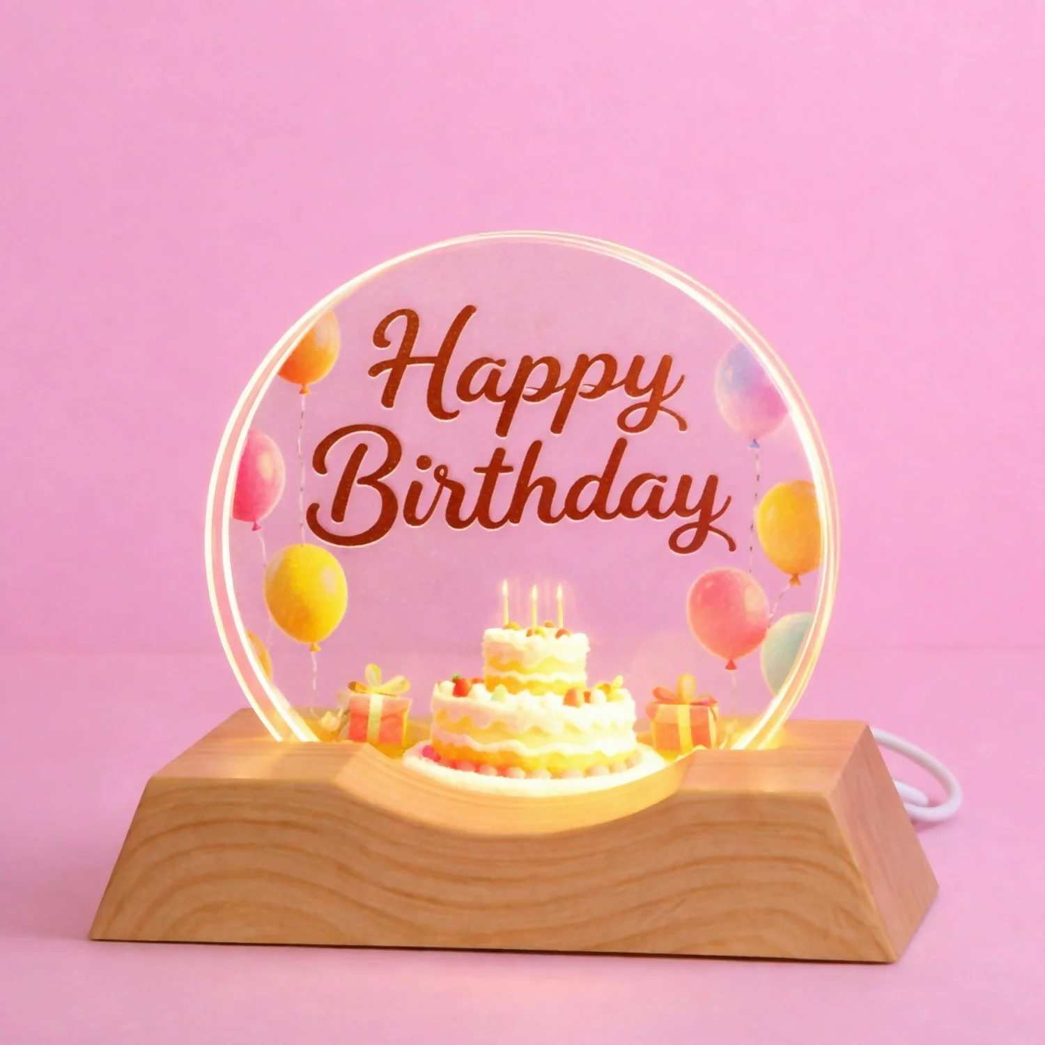 LED Happy Birthday Acrylic Night Lamp with Wooden Base Decor - Image 2