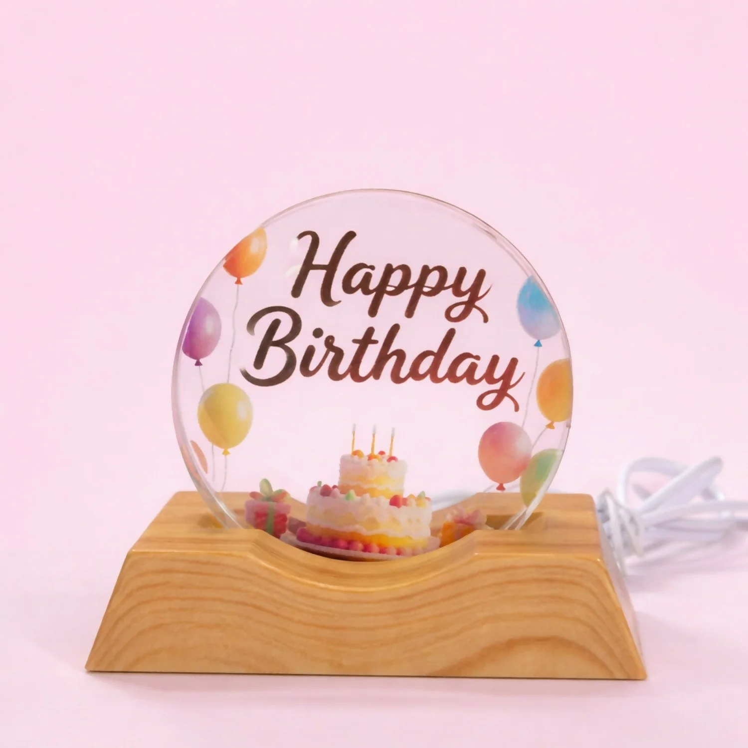 LED Happy Birthday Acrylic Night Lamp with Wooden Base Decor - Image 3