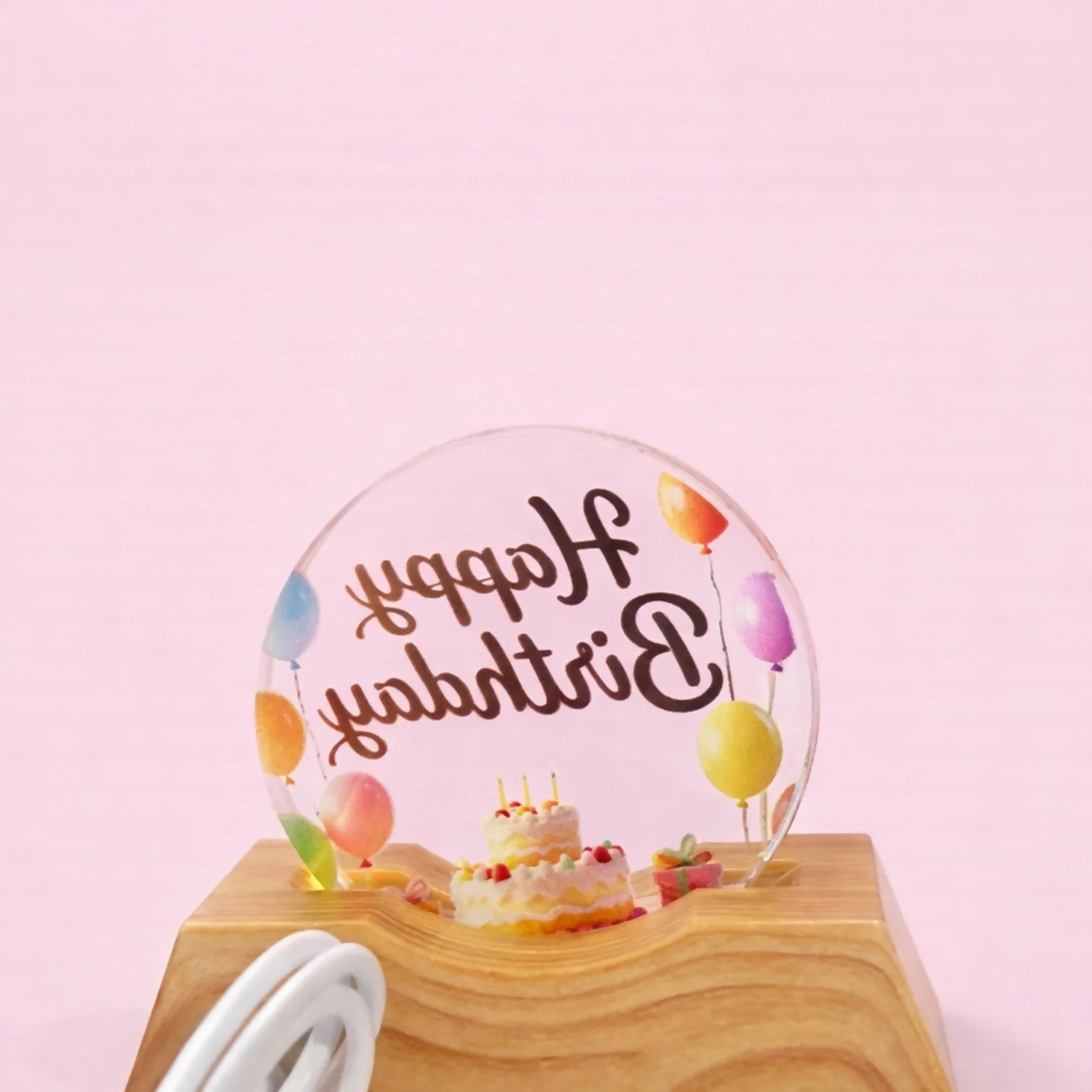 LED Happy Birthday Acrylic Night Lamp with Wooden Base Decor - Image 4