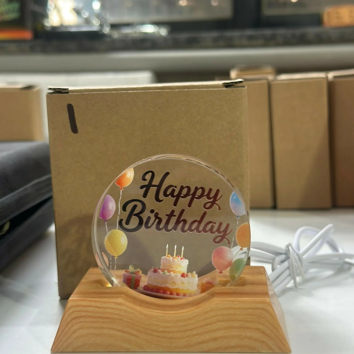 LED Happy Birthday Acrylic Night Lamp with Wooden Base Decor - Image 6