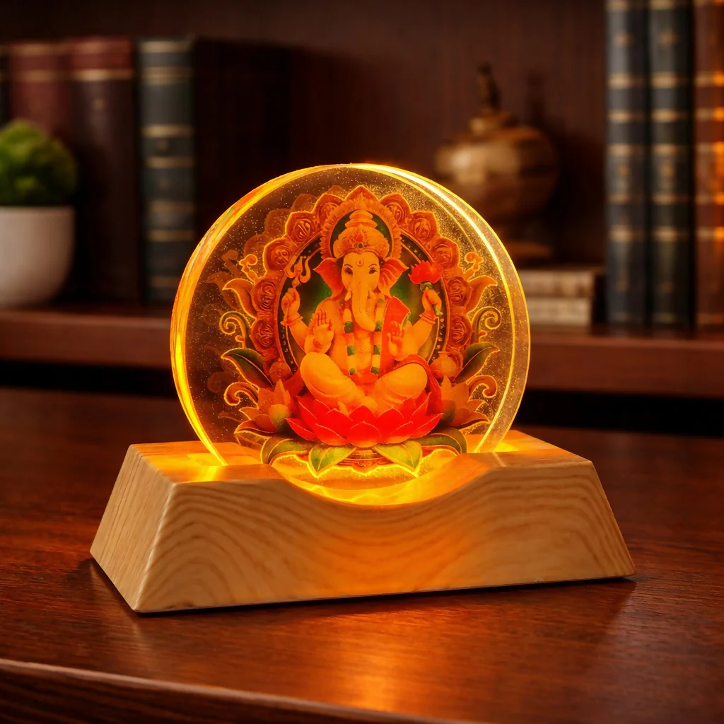 LED Lord Ganesha Acrylic Lamp with Wooden Base Spiritual Decor - Image 2