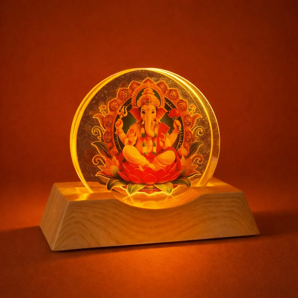 LED Lord Ganesha Acrylic Lamp with Wooden Base Spiritual Decor - Image 3