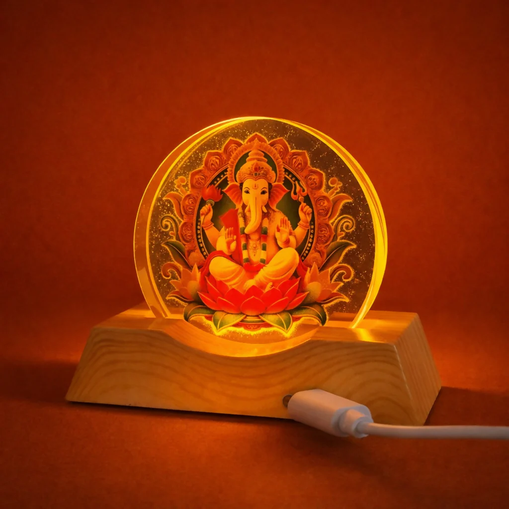 LED Lord Ganesha Acrylic Lamp with Wooden Base Spiritual Decor - Image 4