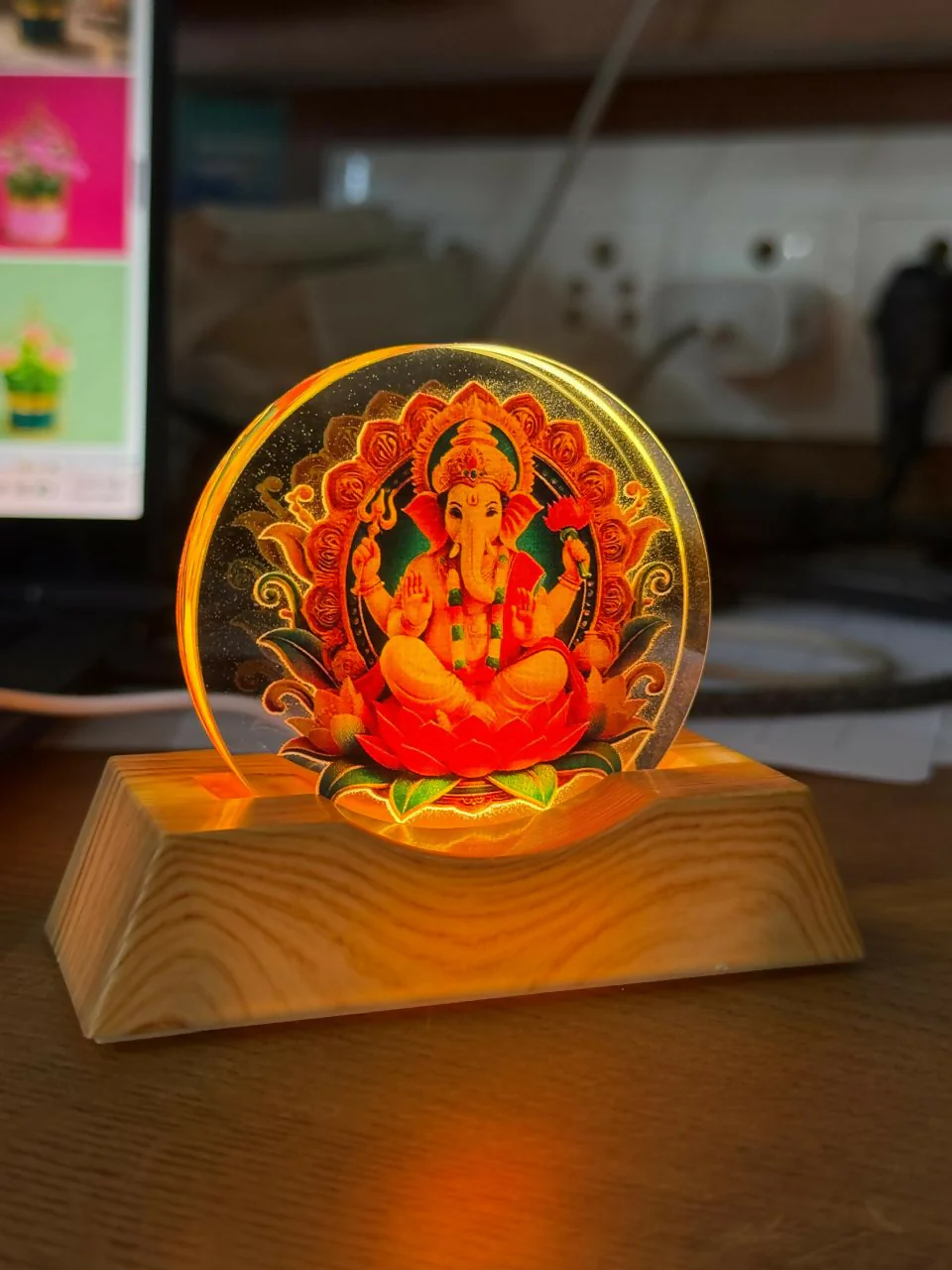 LED Lord Ganesha Acrylic Lamp with Wooden Base Spiritual Decor - Image 5