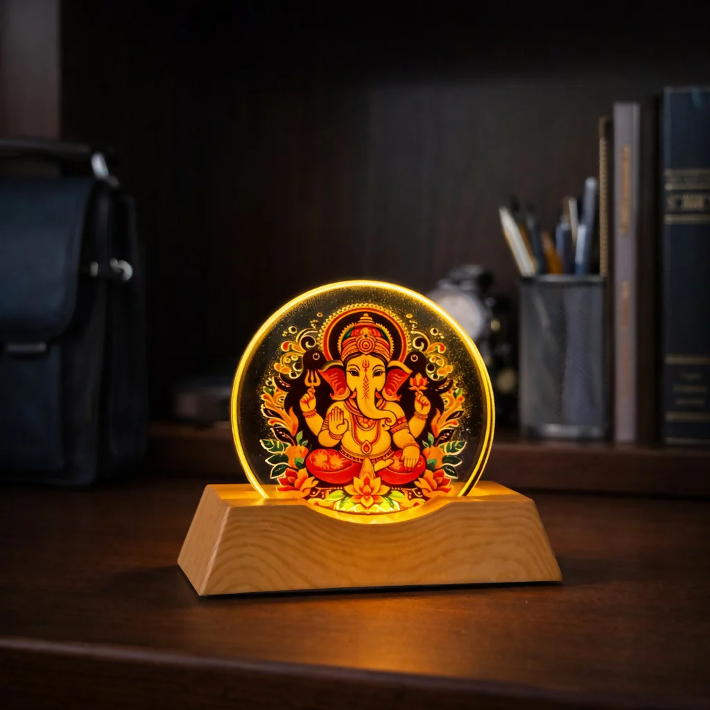 LED Lord Ganesha Acrylic Lamp with Wooden Base Spiritual Decor - Image 2
