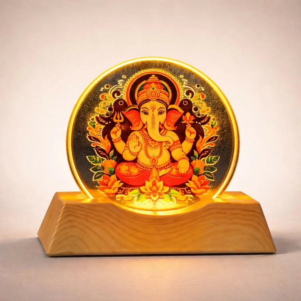 LED Lord Ganesha Acrylic Lamp with Wooden Base Spiritual Decor - Image 3