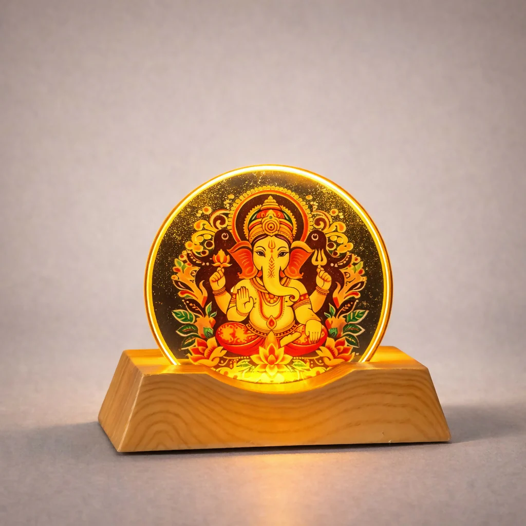 LED Lord Ganesha Acrylic Lamp with Wooden Base Spiritual Decor - Image 4