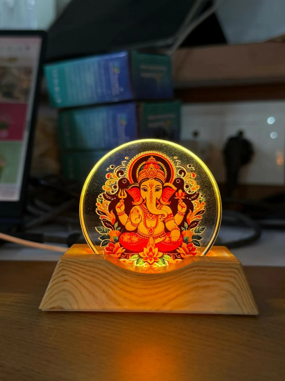 LED Lord Ganesha Acrylic Lamp with Wooden Base Spiritual Decor - Image 5