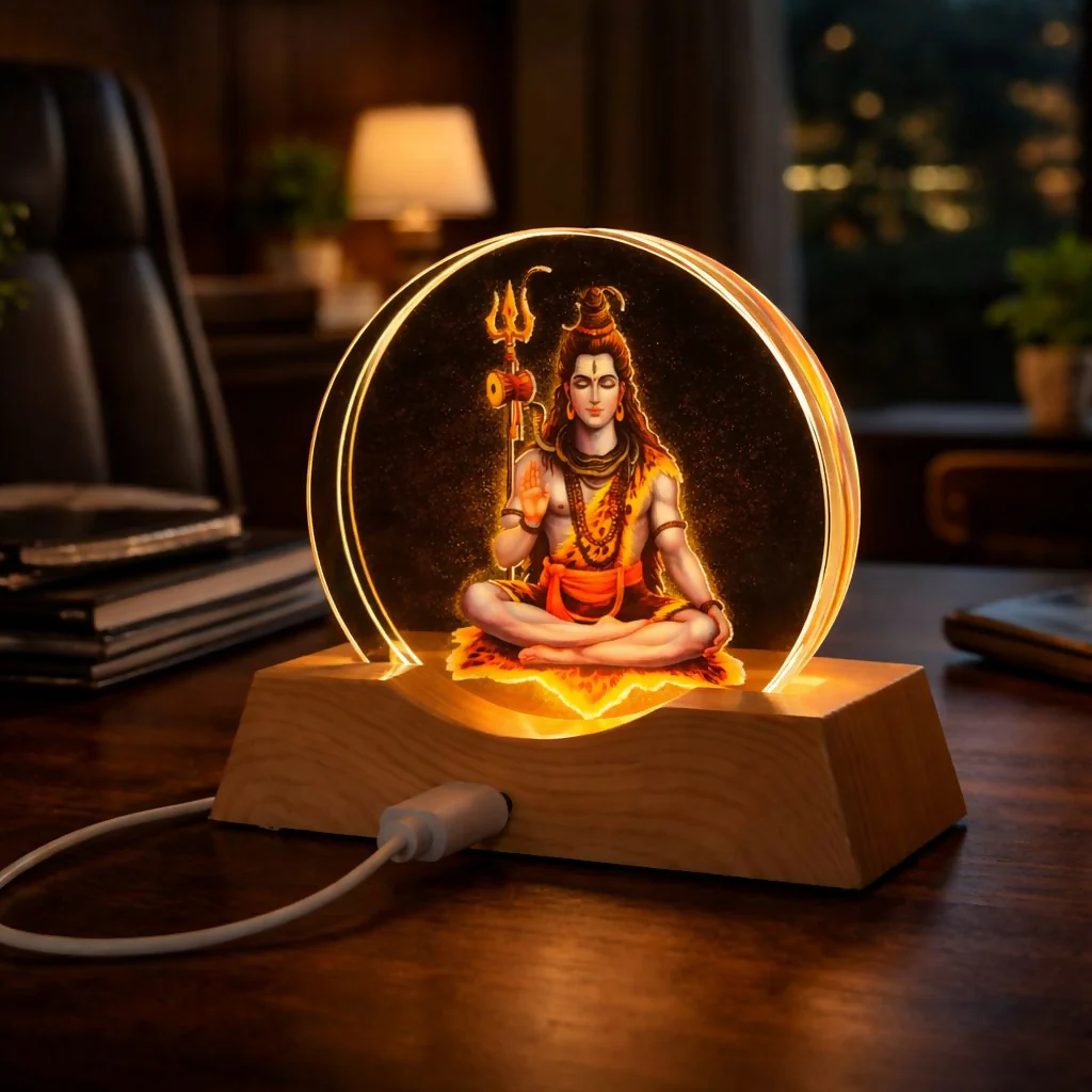 LED Lord Shiva Acrylic Lamp with Wooden Base Spiritual Decor - Image 3