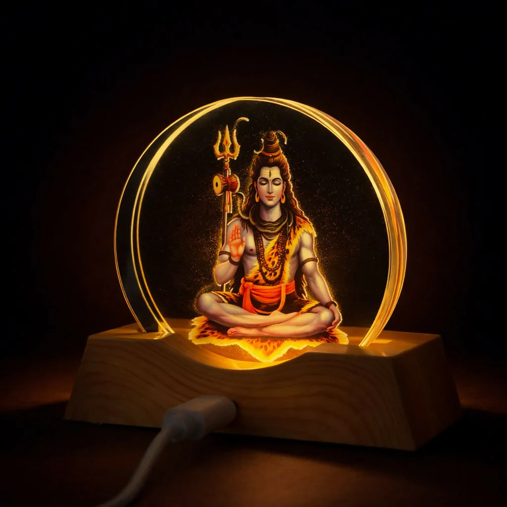 LED Lord Shiva Acrylic Lamp with Wooden Base Spiritual Decor - Image 4