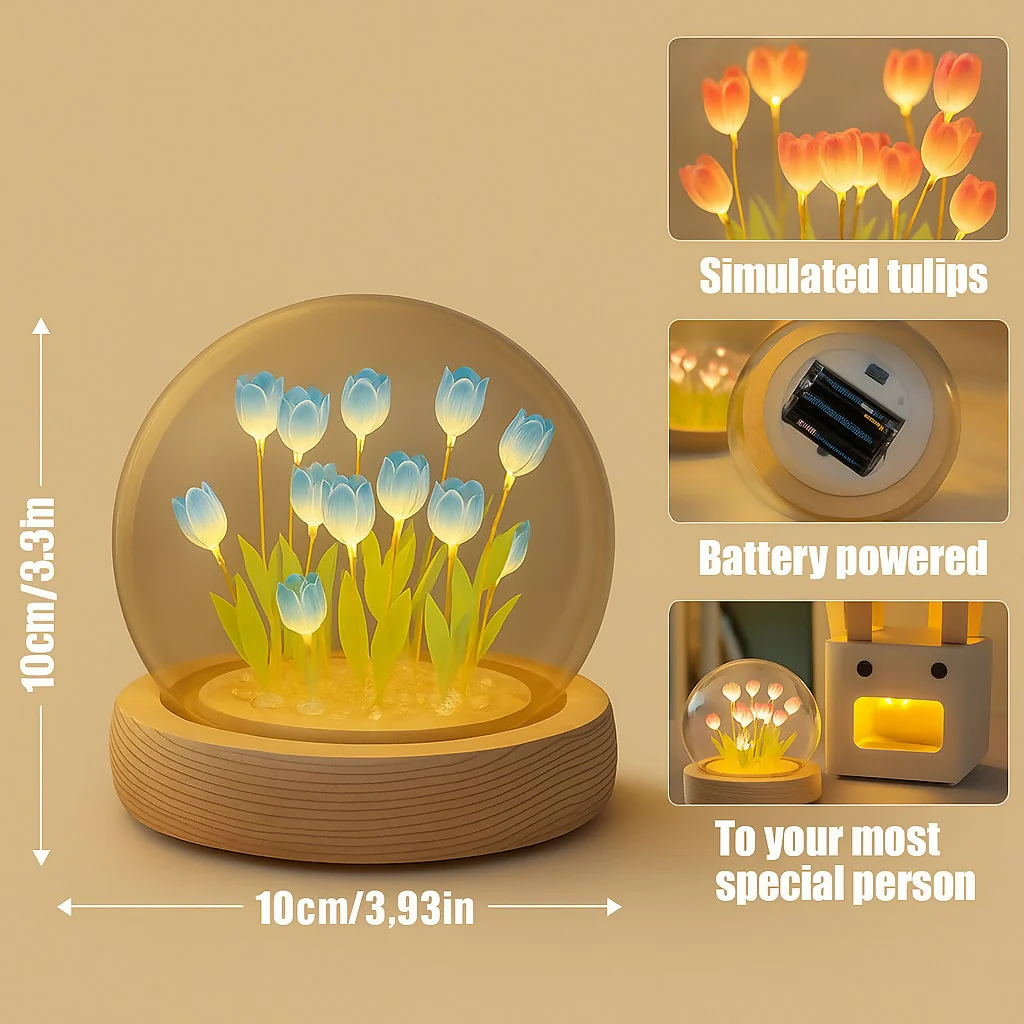 LED Purple Tulip Dome Lamp with Wooden Base for Home Decor - Image 3