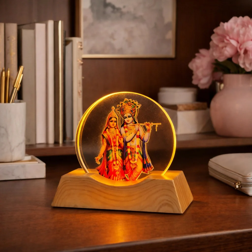 LED Radha Krishna Acrylic Lamp with Wooden Base Spiritual Decor - Image 2