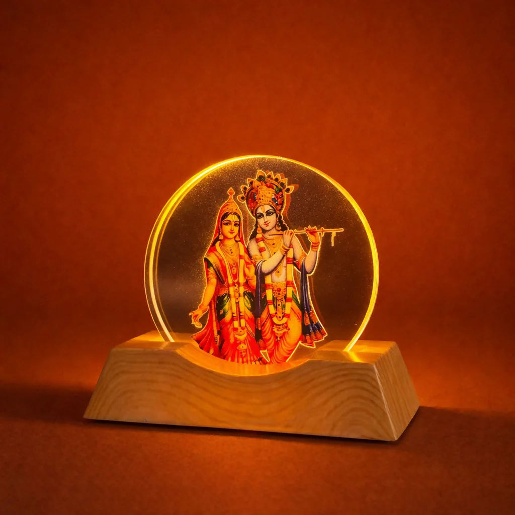 LED Radha Krishna Acrylic Lamp with Wooden Base Spiritual Decor - Image 3