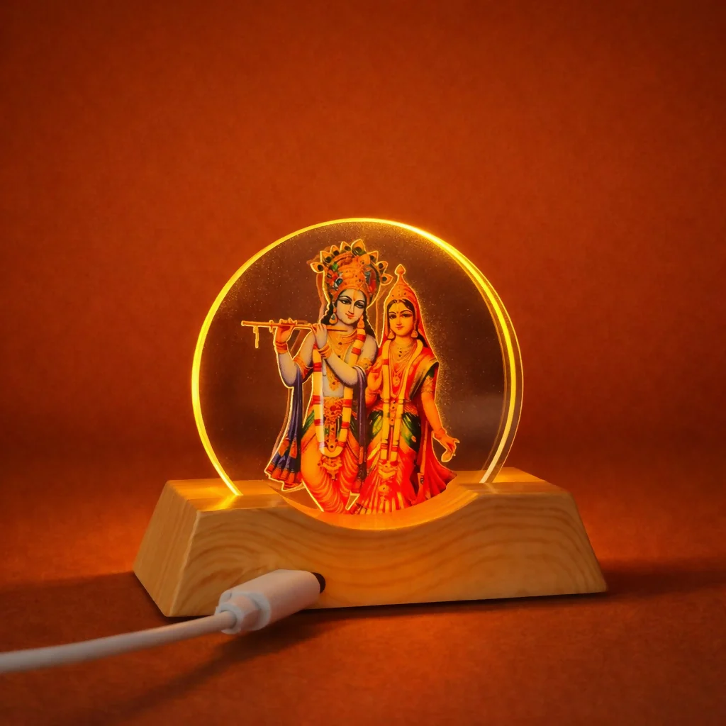 LED Radha Krishna Acrylic Lamp with Wooden Base Spiritual Decor - Image 4