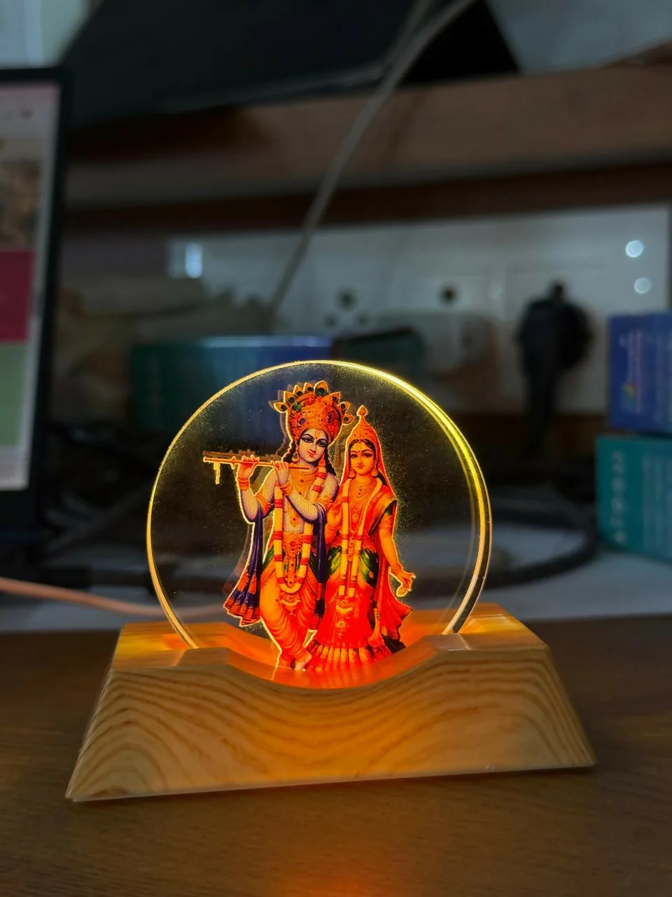 LED Radha Krishna Acrylic Lamp with Wooden Base Spiritual Decor - Image 5