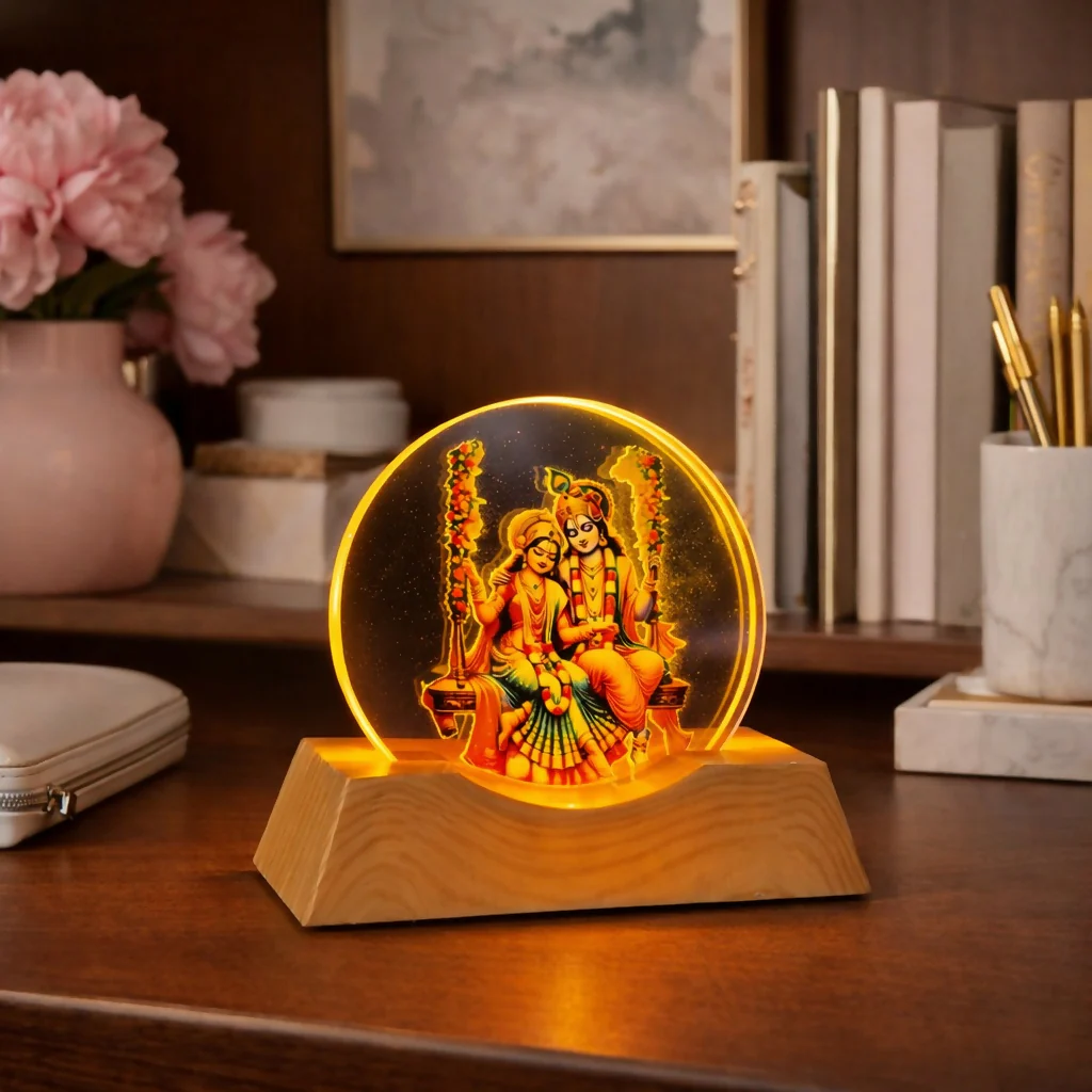 LED Radha Krishna on swing Acrylic Night Lamp with Wooden Base Decor - Image 2