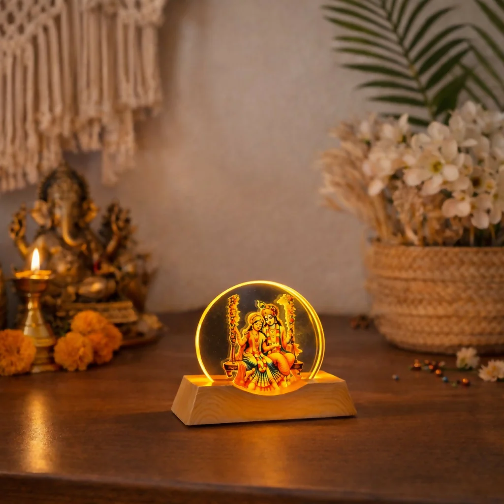 LED Radha Krishna on swing Acrylic Night Lamp with Wooden Base Decor - Image 3
