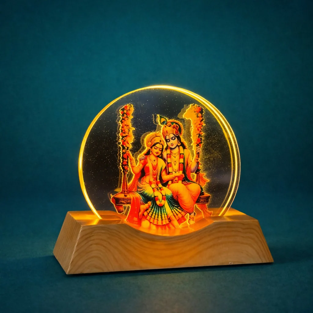 LED Radha Krishna on swing Acrylic Night Lamp with Wooden Base Decor - Image 4