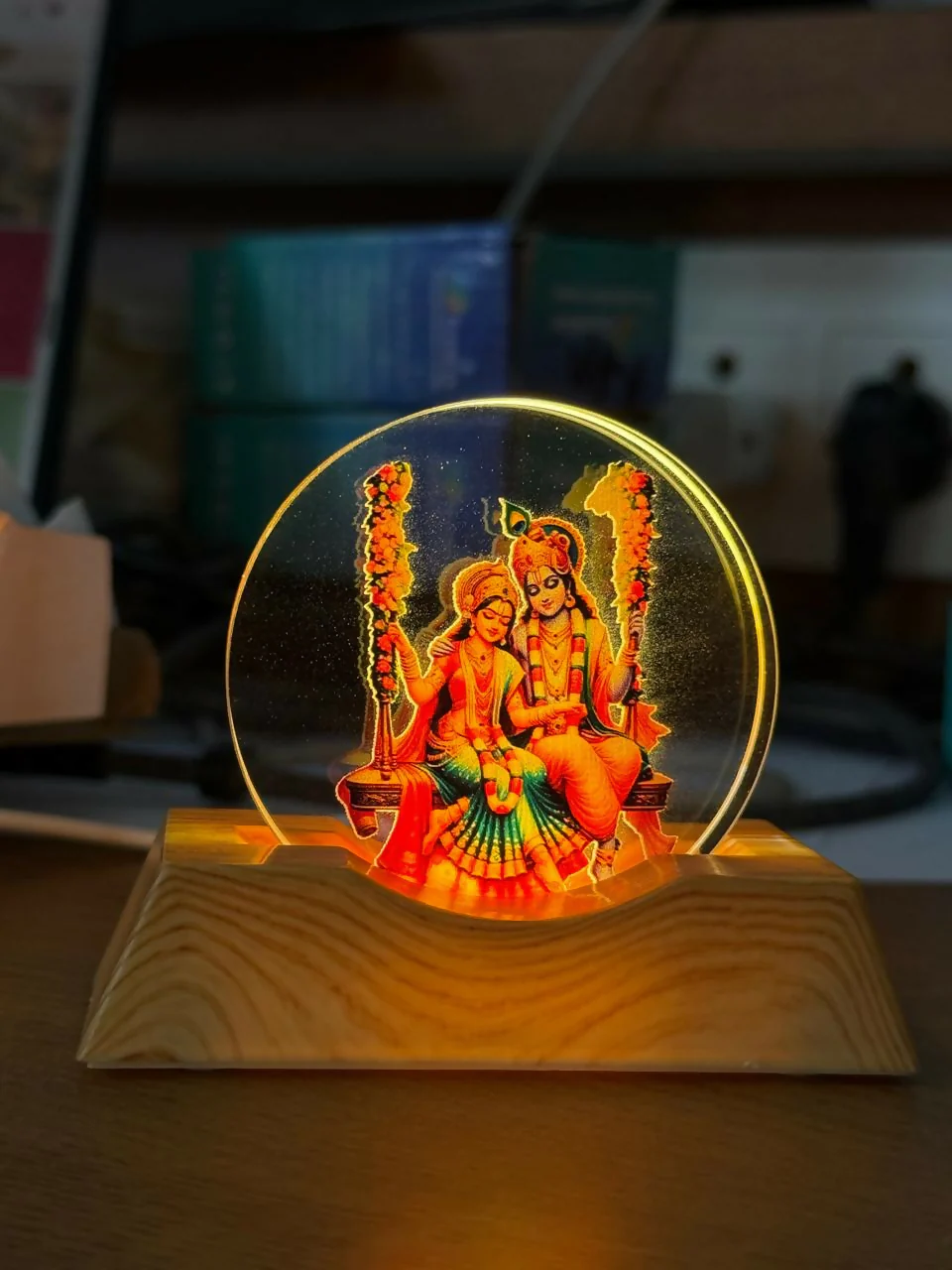 LED Radha Krishna on swing Acrylic Night Lamp with Wooden Base Decor - Image 5