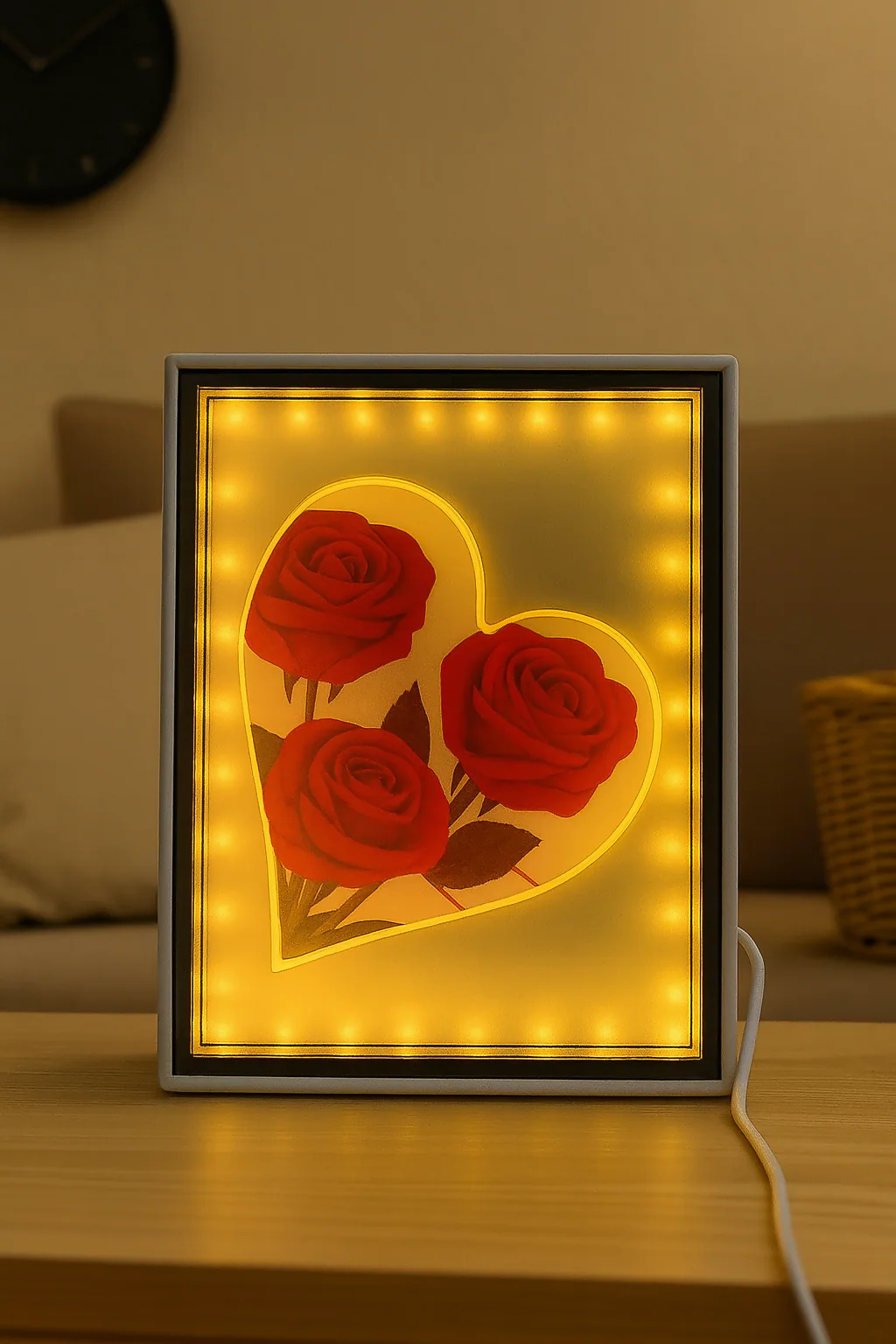 LED Rectangle Photo Frame with Heart and Red Roses Design - Image 4