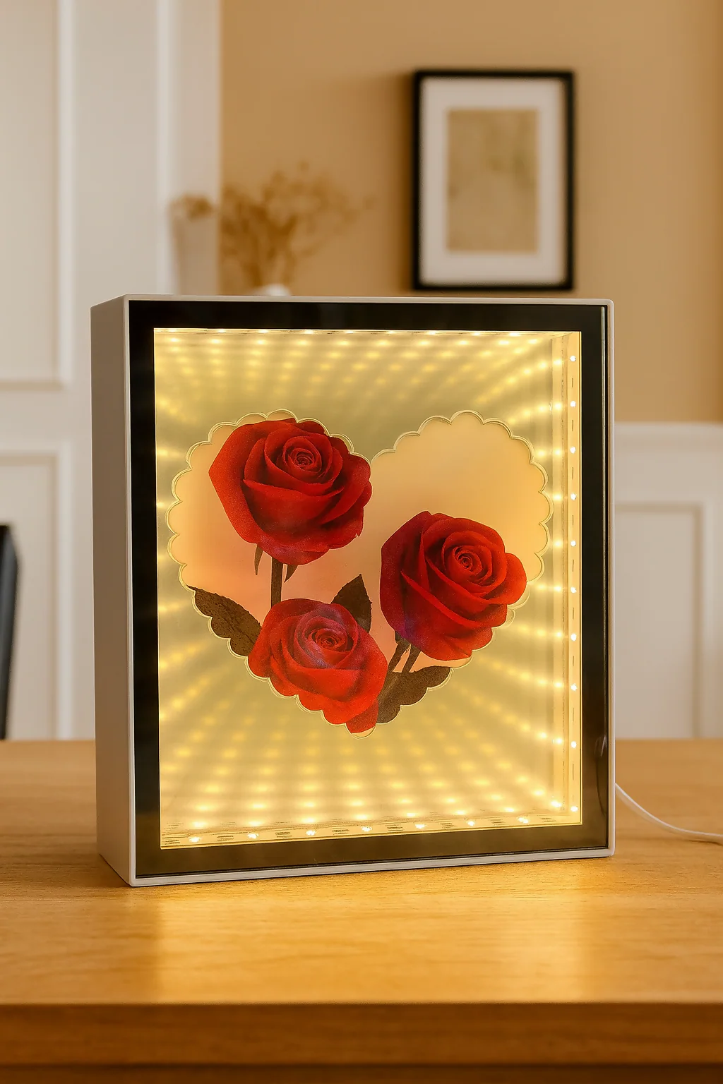 LED Rose Infinity Mirror Light Box | Romantic 3D LED Illusion Heart Shaped Rose Lamp | Decorative Tabletop Night Light for Bedroom, Living Room & Gifts | Valentine’s Day, Anniversary, Wedding, Home Décor - Image 3