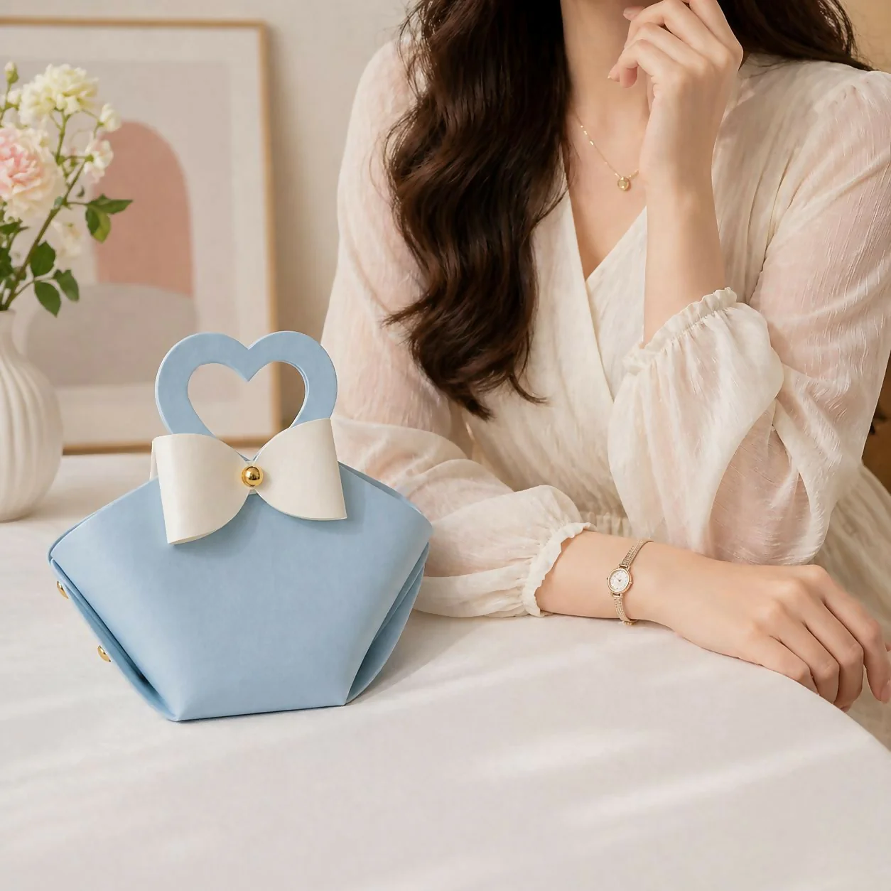 Light Blue Mini Cute Handbag with Heart Handle and Bow Design - Image 2