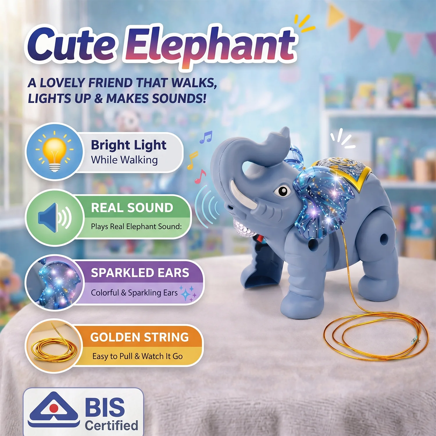 Light-Up Elephant Pull Toy for Kids with Glowing LED Ears and Rolling Motion - Image 2