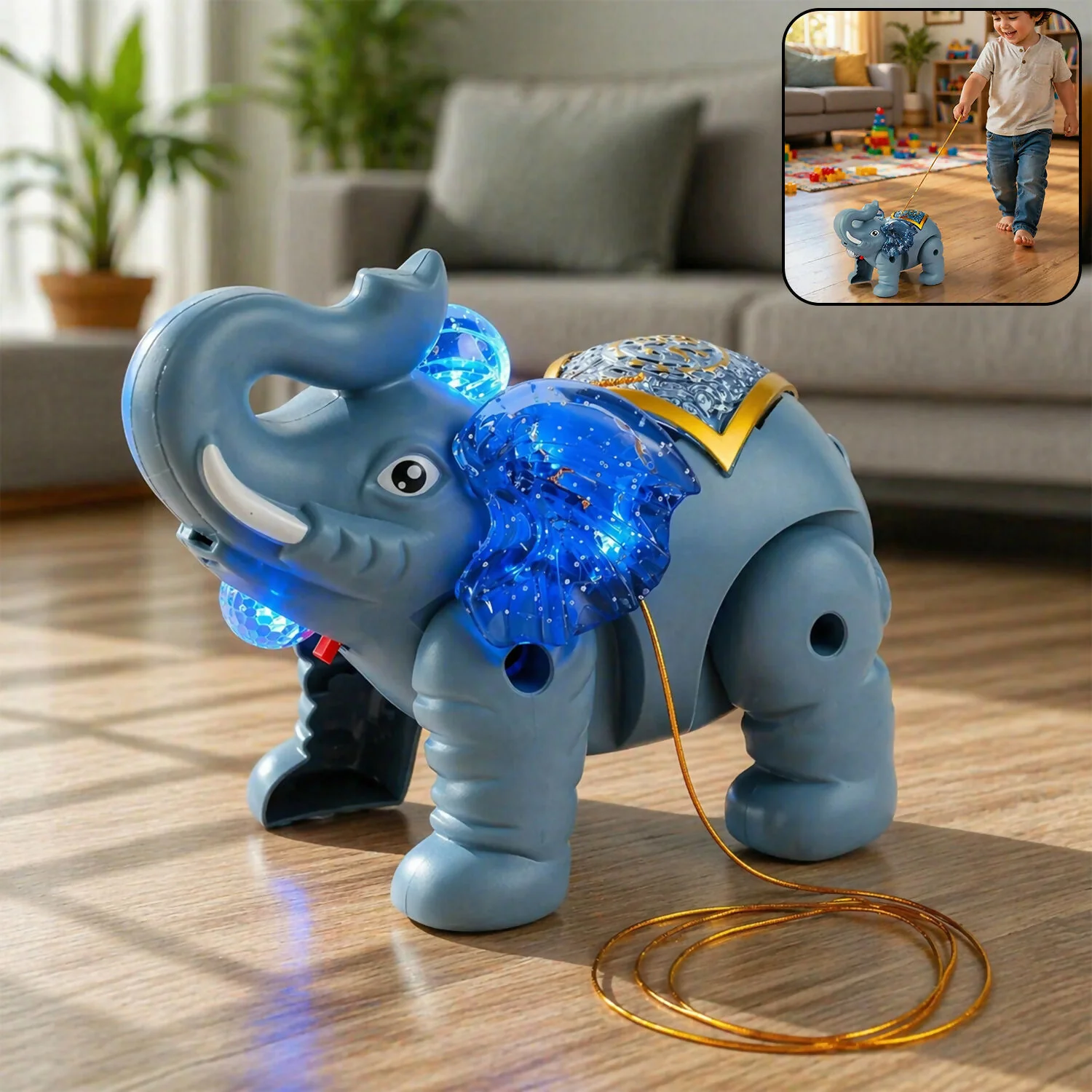 Light-Up Elephant Pull Toy for Kids with Glowing LED Ears and Rolling Motion - Image 4