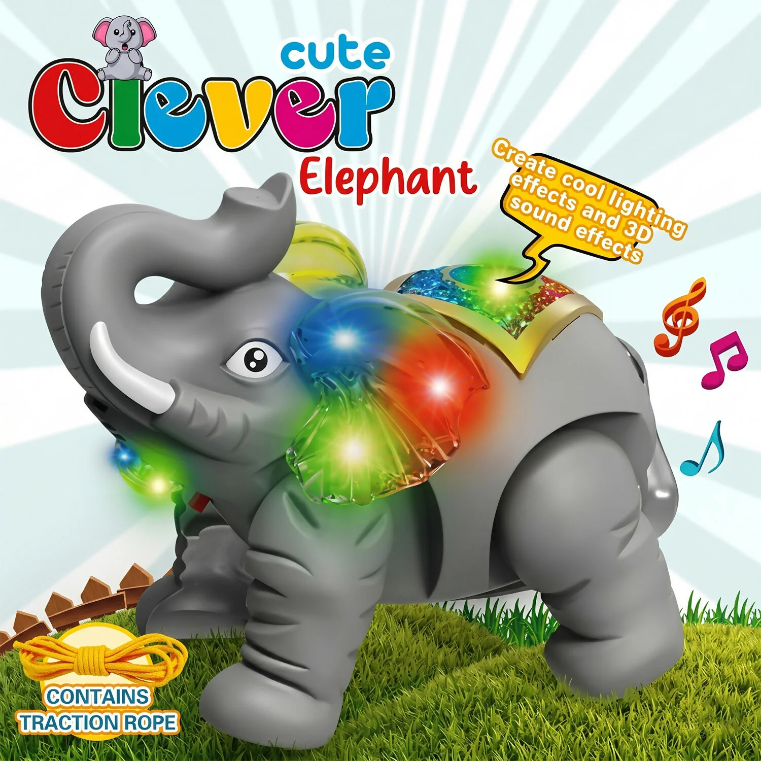 Light-Up Elephant Pull Toy for Kids with Glowing LED Ears and Rolling Motion - Image 7