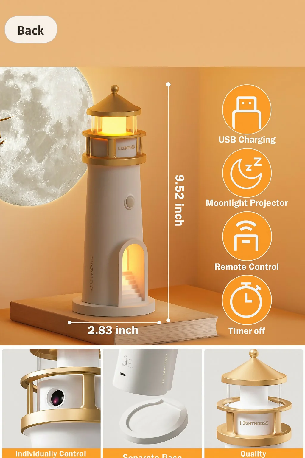 Lighthouse Moonlight Projector Lamp with Remote – USB Rechargeable - Image 3